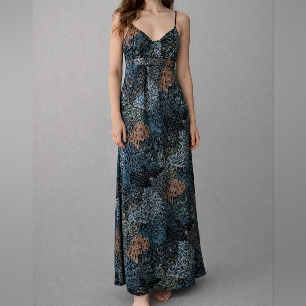 VTG HYPNOTIZED Y2k Peacock Spaghetti Strap High Waist Resort Slip Maxi Dress